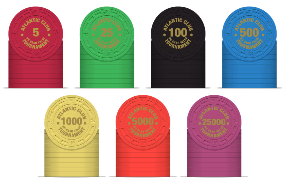 The Atlantic Club hot-stamped tournament set in seven denominations