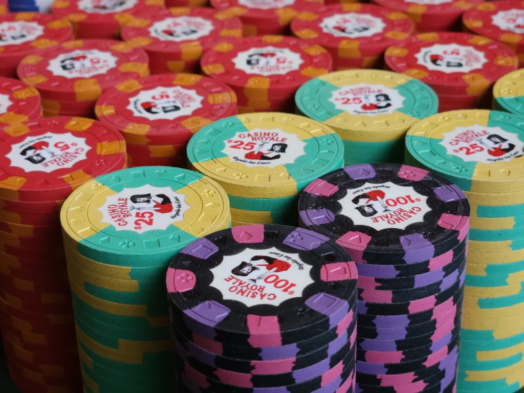 Custom Casino Royale chip stacks with multicolor edge spots