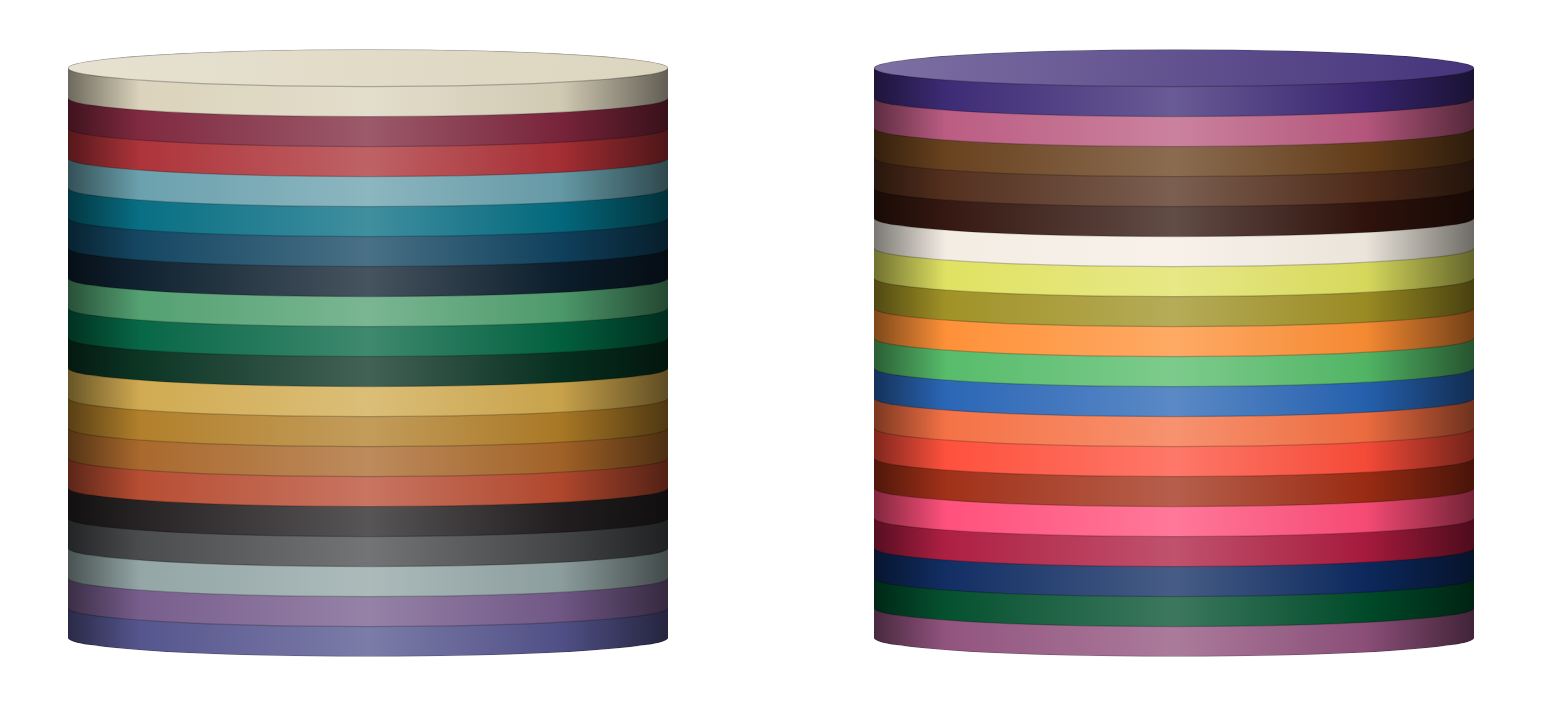 Two stacks of clay chips seen edge-on, showing all 38 CPC colors