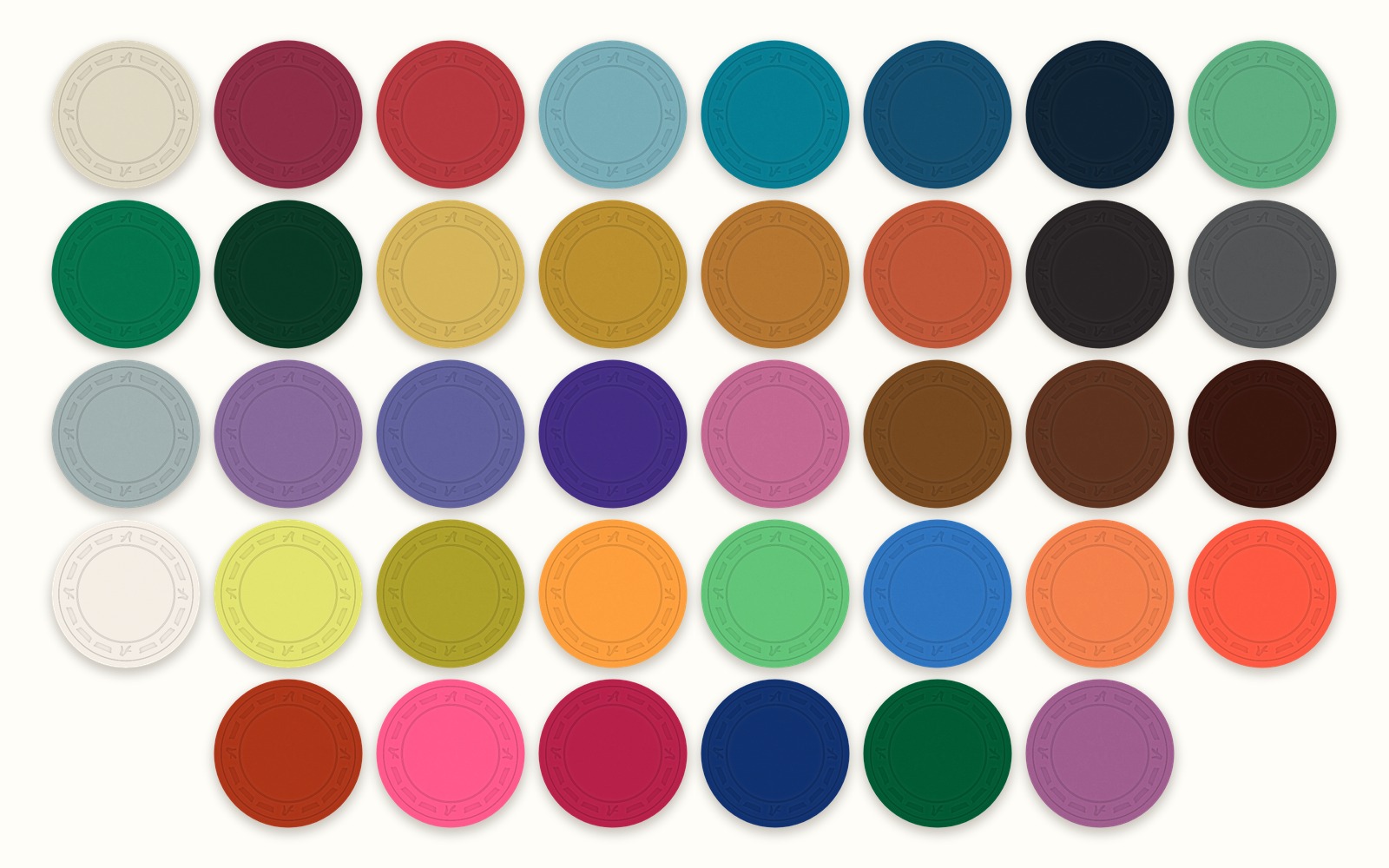 All 38 clay colors as plain chips, rendered from the Design Tool