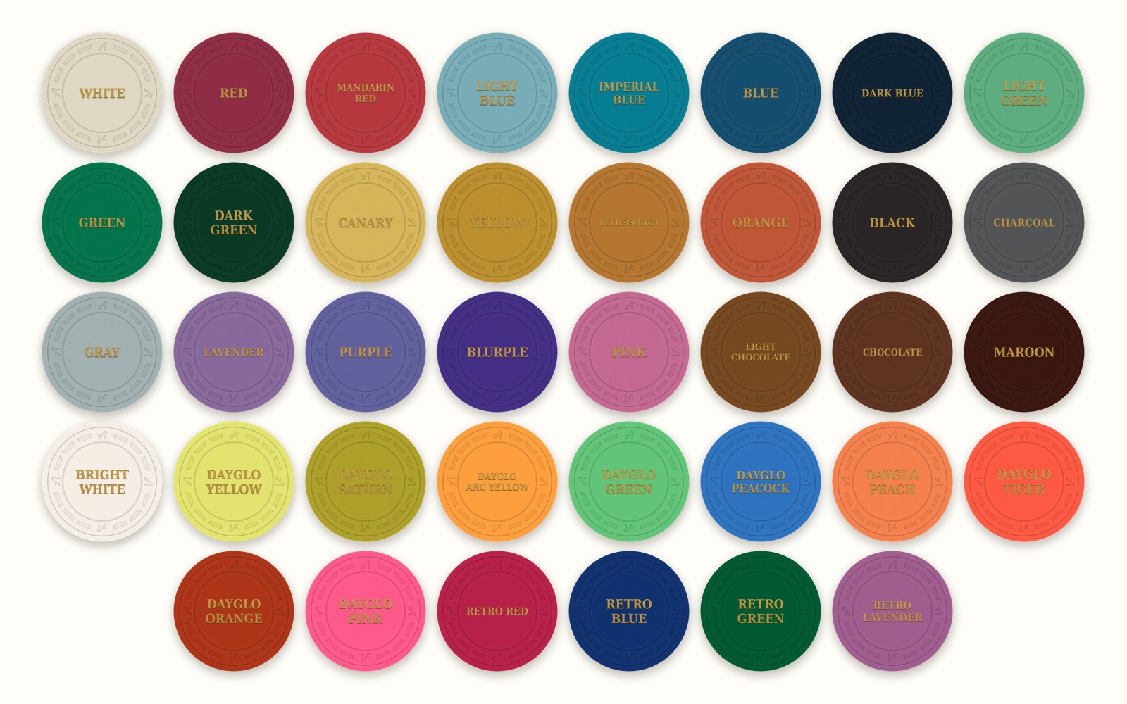 All 38 clay colors with the color name hot-stamped in gold