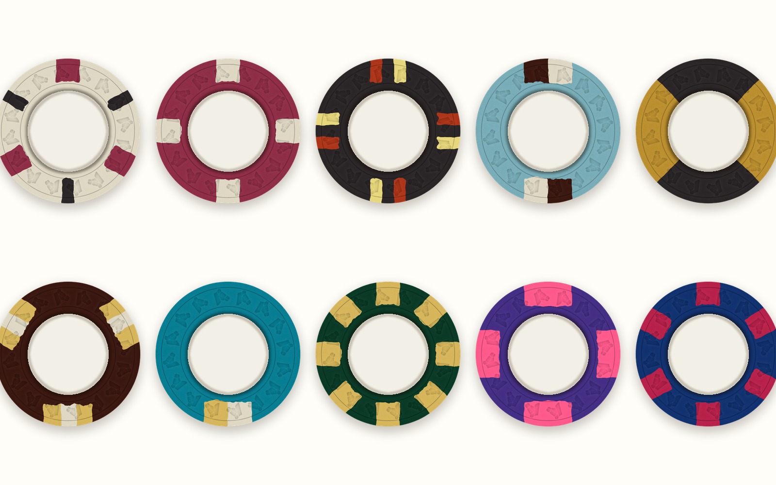 Ten inlaid chips in assorted colors and edge spots